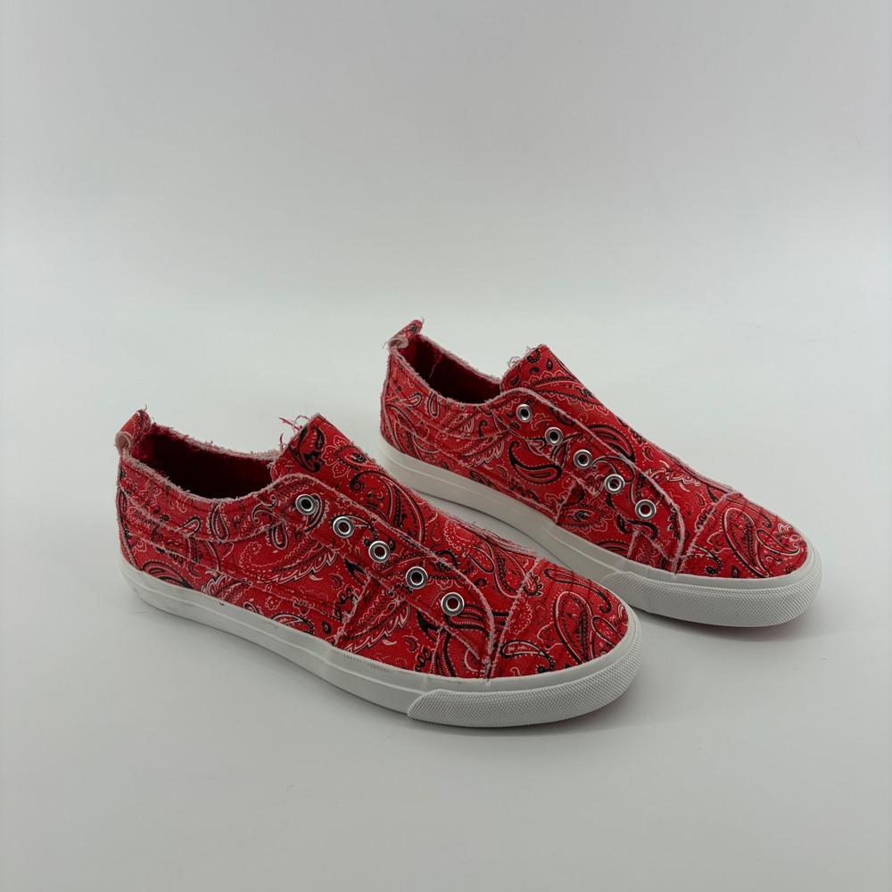 Corkys Womens 8 Red Paisley Bandana Babalu Slip On Sneakers Frayed Canvas